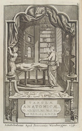 Johann Adam Kulmus about to perform an autopsy with autopsy instruments lying on a table in the foreground