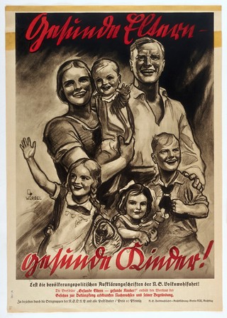 Healthy parents with healthy children, representing benefits of the National Socialist policy on the struggle against inherited diseases. Colour lithograph after F.Th. Würbel, 1936.