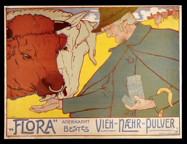 "Flora" dietary supplement being fed by an old farmer to a cow and a horse. Colour lithograph by J.V. Cissarz, 1898.