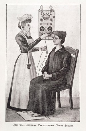 view The first stage of General Faradization. Female Nurse applying elecrtical current, faradic current, to a female patient via an electrical vibrator, or bipolar electrodes of Apostoli.