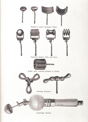 Illustration showing various instruments used in vibratory massage. Round or square Concussor Plates, Concussor Rollers, Balls and Discs, Roller with rotating cylinders and ebonite, Rotating hammers and Centrifugal Vibrator