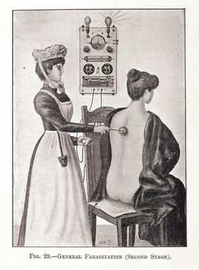 The second stage of General Faradization. Female Nurse applying elecrtical current, faradic current, to a female patient via an electrical vibrator, or bipolar electrodes of Apostoli.