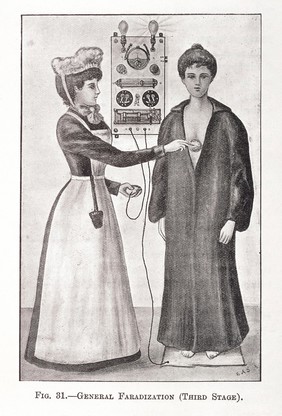 The third stage of General Faradization. Female Nurse applying elecrtical current, faradic current, to a female patient via an electrical vibrator, or bipolar electrodes of Apostoli.
