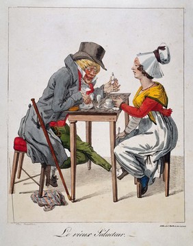 A corrupt old man tries to seduce a woman by urging her to take a hypnotic draught in her drink. Coloured lithograph by C. Motte.