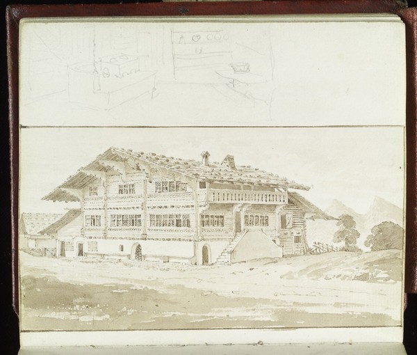 Watercolour of a typical Alpine house created by using a camera lucida