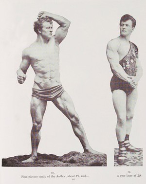 view Eugen Sandow: Life of the Author as told in Photographs. (Left) Fine picture-study of the Author, about 19, and (Right) a year later at 20.