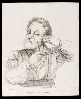 A man trying to shave himself with a blunt razor. Lithograph by William Green after M.W. Fry, ca. 1820.