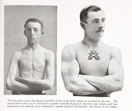 The first photo shows the physical condition of the youth of the nation as revealed by the war. The second shows what can be achieved by scientific methods of physical education and culture, and how imperative such methods are to safeguard us against physical deterioration and disease in future years.