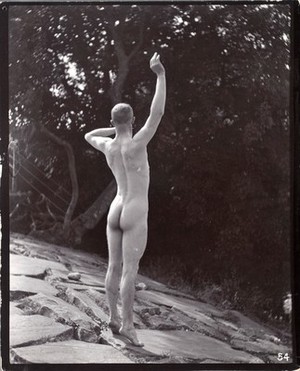 view A man posing naked, standing with his back to the camera on a rocky outcrop in a leafy landscape.