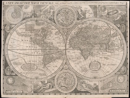 A map of the world with the four elements, according to Ptolomy, Earth, Water, Fire, Air, and the North and South Hemispheres and their star signs.