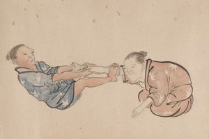 view A chiropractor treating a patient. Taken from a emakimonos, or horizontal scroll, in the Shijo style.