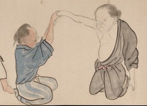 view A chiropractor treating a patient. Taken from a emakimonos, or horizontal scroll, in the Shijo style.