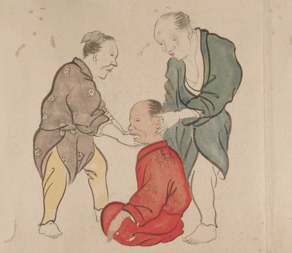 Chiropractors treating a patient. Taken from a emakimonos, or horizontal scroll, in the Shijo style.
