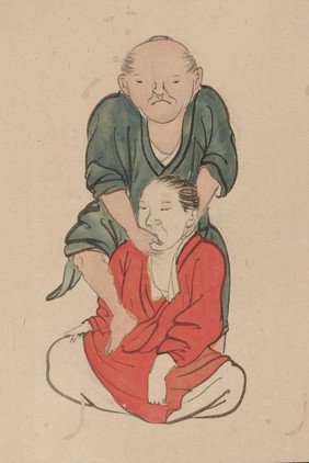 A chiropractor treating a patient. Taken from a emakimonos, or horizontal scroll, in the Shijo style.