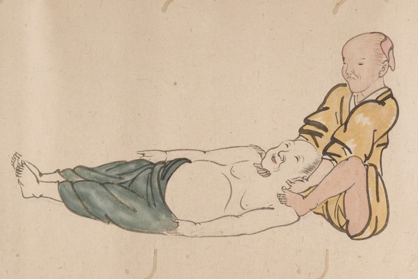 A chiropractor treating a patient. Taken from a emakimonos, or horizontal scroll, in the Shijo style.