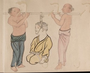 view Chiropractors treating a patient. Taken from a emakimonos, or horizontal scroll, in the Shijo style.