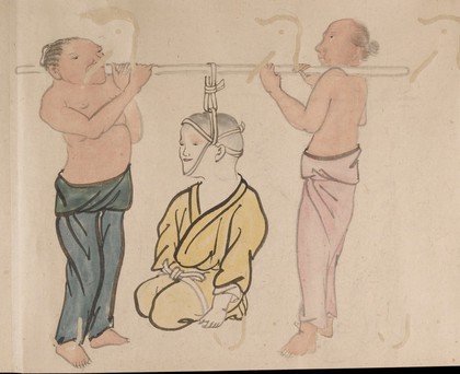 Chiropractors treating a patient. Taken from a emakimonos, or horizontal scroll, in the Shijo style.