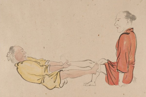 A chiropractor treating a patient. Taken from a emakimonos, or horizontal scroll, in the Shijo style.