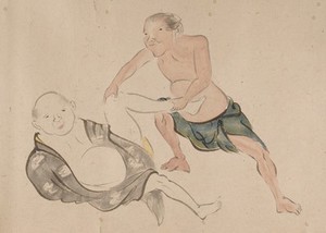 view A chiropractor treating a patient. Taken from a emakimonos, or horizontal scroll, in the Shijo style.