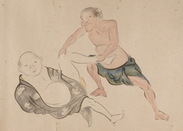 A chiropractor treating a patient. Taken from a emakimonos, or horizontal scroll, in the Shijo style.