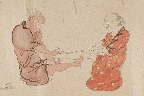 A chiropractor treating a patient. Taken from a emakimonos, or horizontal scroll, in the Shijo style.