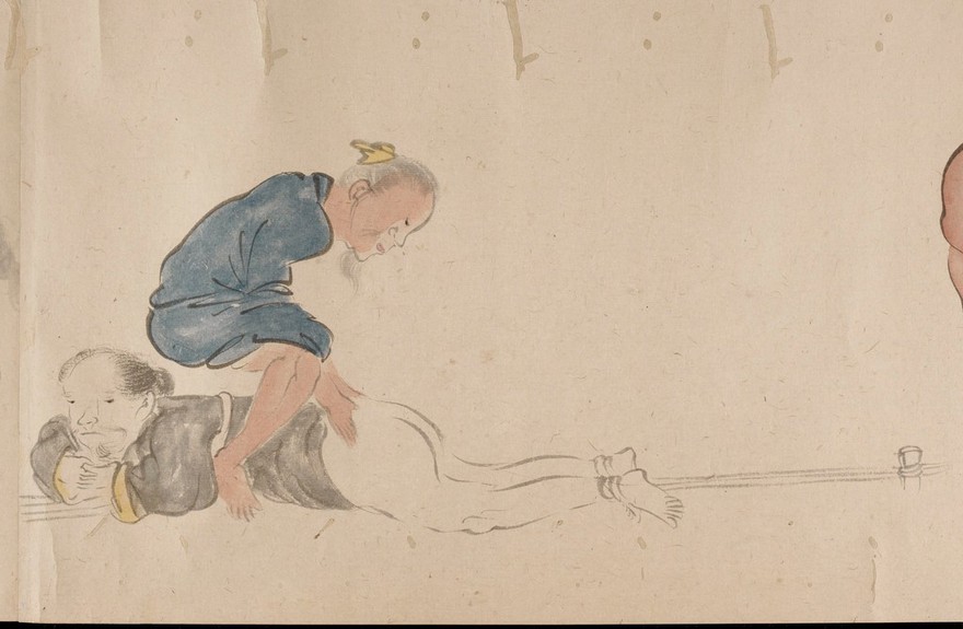 A chiropractor treating a patient. Taken from a emakimonos, or horizontal scroll, in the Shijo style.