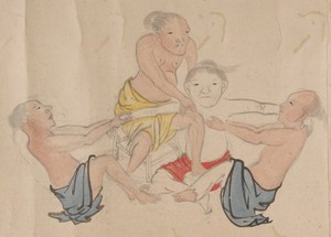 view A chiropractor treating a patient. Taken from a emakimonos, or horizontal scroll, in the Shijo style.