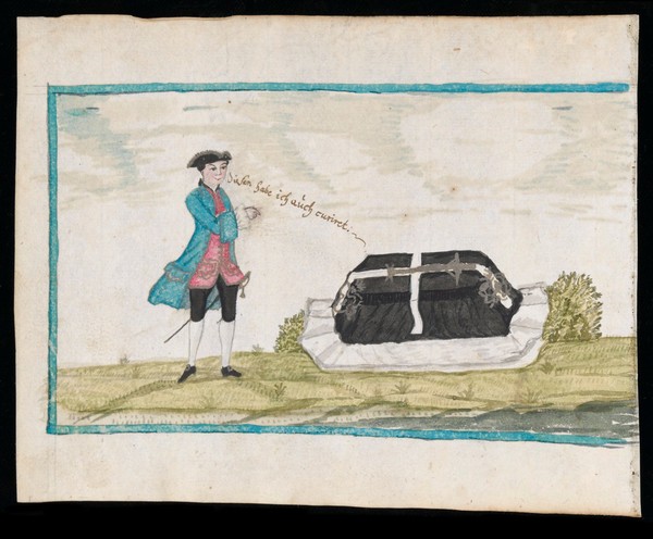 A physician looks at the coffin of a deceased patient and says "I cured him too". Watercolour, ca. 1752/1755.