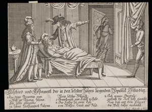 view A patient on his deathbed, representing the death of the Venetian Republic. Etching, ca. 1797.