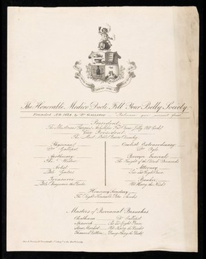 view Names of officers of the Honorable Medico Docti Fill Your Belly Society, a spoof medical society. Lithograph, 1834.