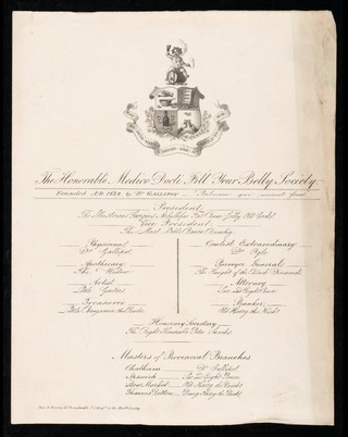 Names of officers of the Honorable Medico Docti Fill Your Belly Society, a spoof medical society. Lithograph, 1834.