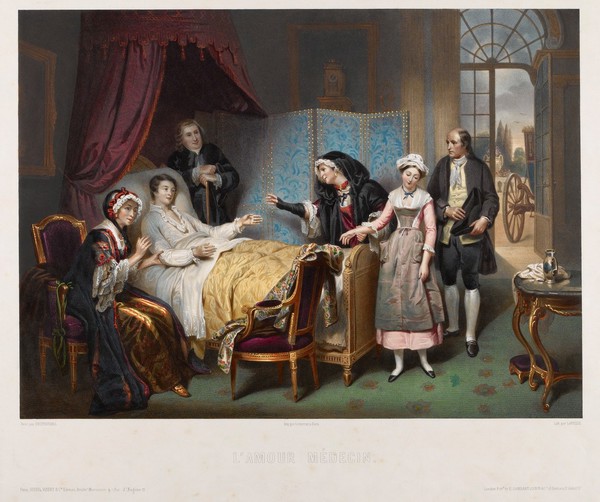 A young woman is brought to visit a sick young man in the hope that her love will cure him; relatives and attendants are present. Coloured lithograph by Lafosse after P.-E. Destouches, ca. 1850/1879.