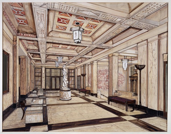 The Wellcome Building, Euston Road, London: design for the Entrance Hall. Drawing by Mlinaric Henry and Zervudachi Ltd., ca. 1991.