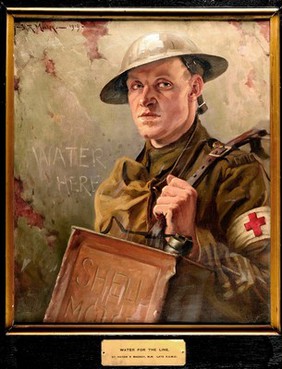 World War I: an R.A.M.C. bearer supplying water to the front line. Oil painting by H.R. Mackey.