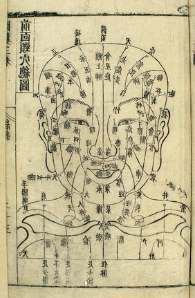 Acupuncture chart of front of head, 17th C. Chinese woodcut