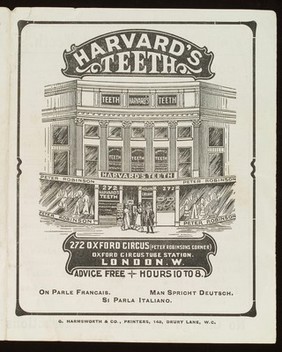 Harvard's Teeth, 272 Oxford Circus, London. Advertisment. Front cover.
