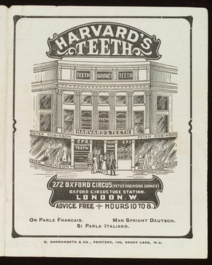 view Harvard's Teeth, 272 Oxford Circus, London. Advertisment. Front cover.