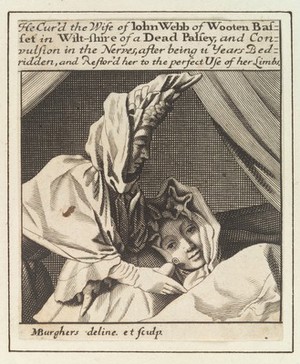 view Mrs John Webb, being nursed when sick in bed with "a dead palsey, and ... convulsion in the nerves", before being cured by Sir William Read. Engraving by M. Burghers, ca. 1700.