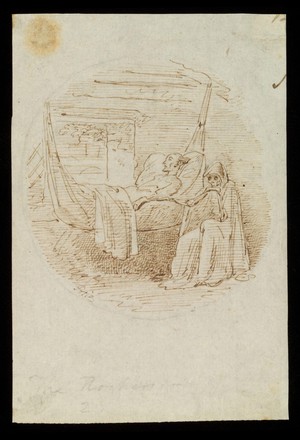 view A skeleton seated beside the hammock of a dying man. Drawing by H.K. Browne (Phiz).