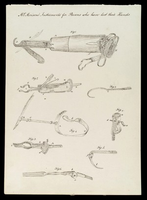 view Artificial hands: designs. Pen and ink drawing.