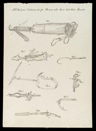 Artificial hands: designs. Pen and ink drawing.