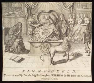 view A woman lies in bed, lovesick (representing the Netherlands); attendants try to raise her spirits by showing her a portrait of the newly appointed Stadholder, William III Prince of Orange (subsequently William III King of England). Engraving, ca. 1672.