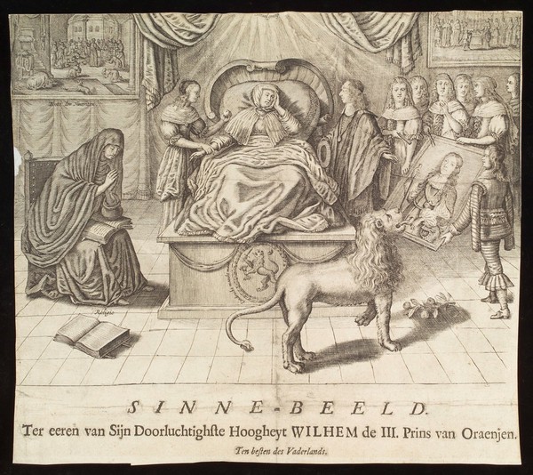 A woman lies in bed, lovesick (representing the Netherlands); attendants try to raise her spirits by showing her a portrait of the newly appointed Stadholder, William III Prince of Orange (subsequently William III King of England). Engraving, ca. 1672.