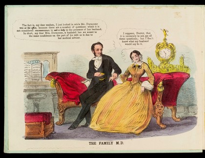 A physician trying to take advantage of a young woman patient by visiting her at home while her husband is out. Coloured lithograph, 1852.