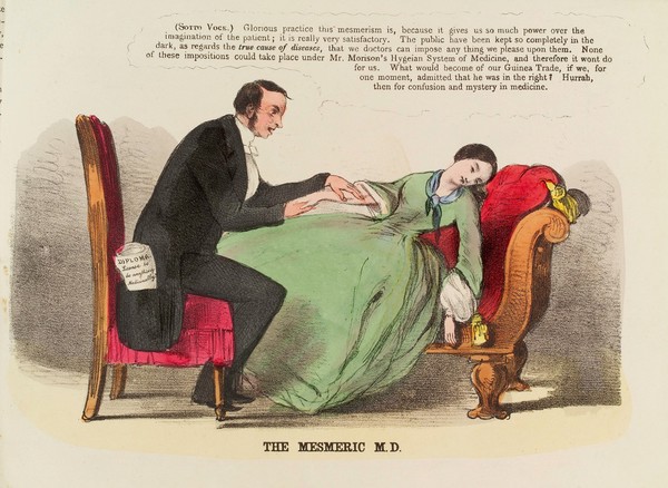 A mesmeric physician taking advantage of his female patient. Colour lithograph, 1852.