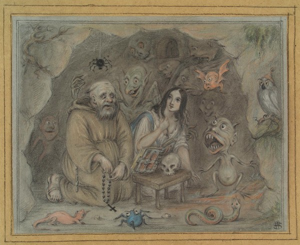 The temptation of Saint Antony. Pastel drawing by W.S.