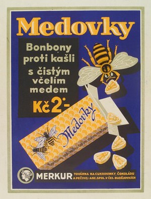 view Honey-flavoured cough sweets in the form of bees. Colour lithograph, ca. 1900.