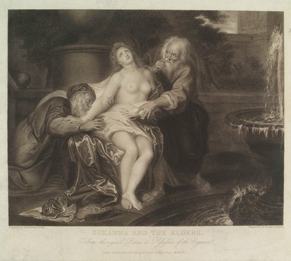 Susanna molested by the elders. Stipple engraving by J. Jenkins, 1823, after P.F. Mola.