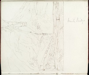 view Devils Bridge sketched by Lister on his travels through Europe showing a bridge crossing the Gotthard Pass, nothern approach, Switzerland