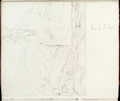 Devils Bridge sketched by Lister on his travels through Europe showing a bridge crossing the Gotthard Pass, nothern approach, Switzerland